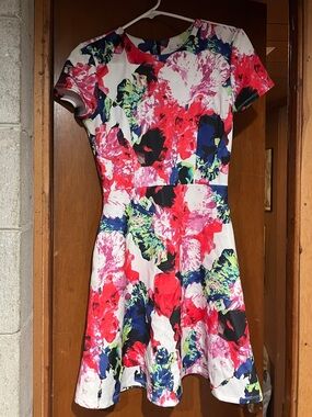 Floral Fit-and-Flare Dress in White and Pink